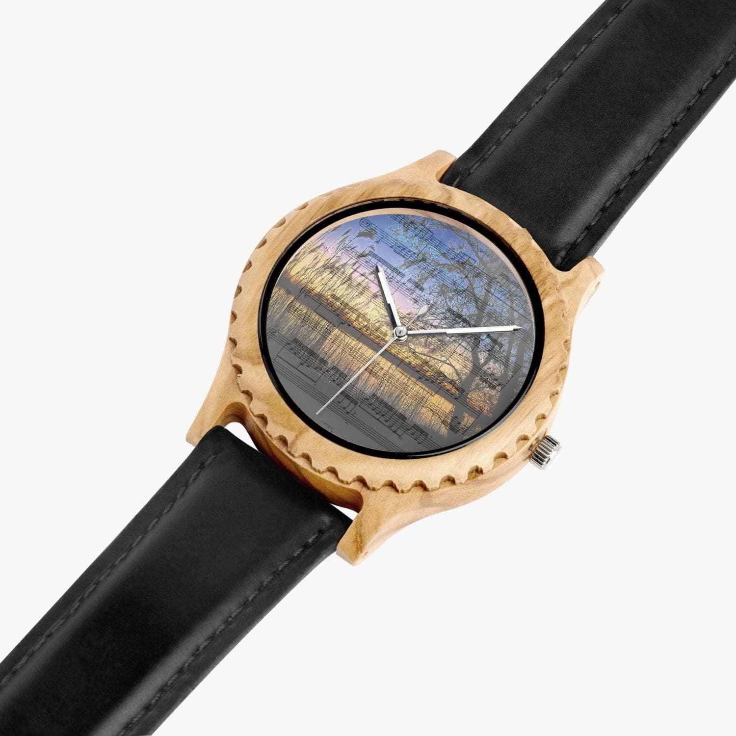 Tango in the dawn. Italian Olive Lumber Wooden Watch - Leather Strap. Designer watch by Sensus Studio Design