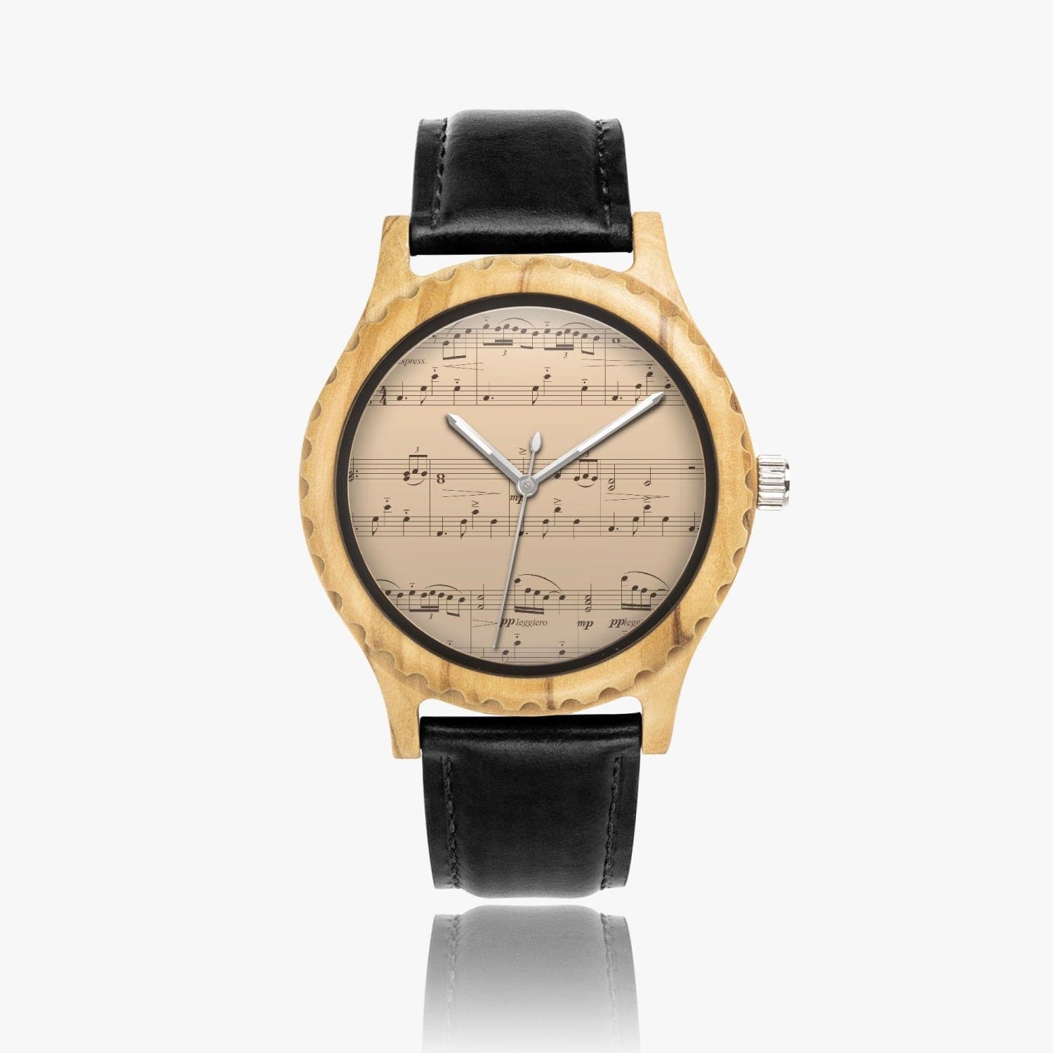 Tango music. Italian Olive Lumber Wooden Watch - Leather Strap. Designer watch by Ingrid Hütten